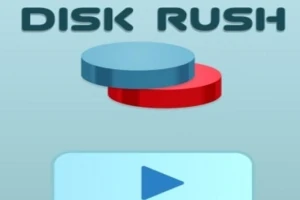 Náhled dvou barevných disků, modrého a červeného, s textem Disk Rush a tlačítkem přehrávání