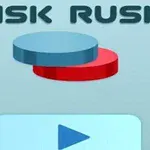 Náhled dvou barevných disků, modrého a červeného, s textem Disk Rush a tlačítkem přehrávání