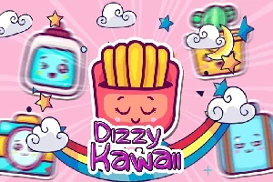 Barevná ilustrace s různými roztomilými kreslenými postavičkami obklopenými mraky a duhou na růžovém pozadí