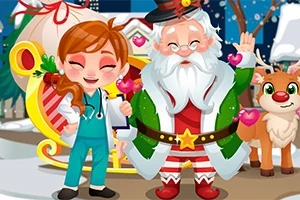 Animovaná postava ženy vedle veselého Santa Clause s růžovými srdíčky a sobem v zimním prostředí