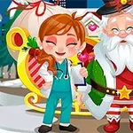 Animovaná postava ženy vedle veselého Santa Clause s růžovými srdíčky a sobem v zimním prostředí