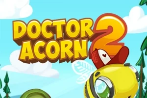 Barevný nápis Doctor Acorn 2 na modrém pozadí s kreslenou včelou a obláčky