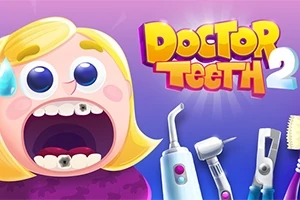 Kreslená postava s otevřenými ústy a zkaženými zuby, vedle ní nápis „Doctor Teeth 2“ a dentální nástroje na fialovém pozadí