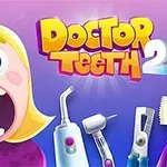 Kreslená postava s otevřenými ústy a zkaženými zuby, vedle ní nápis „Doctor Teeth 2“ a dentální nástroje na fialovém pozadí