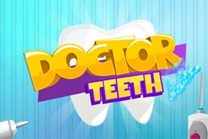 Barevný nápis DOCTOR TEETH před velkým bílým zubem na modrém pruhovaném pozadí s viditelnými kartáčky a zubní pastou