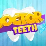 Barevný nápis DOCTOR TEETH před velkým bílým zubem na modrém pruhovaném pozadí s viditelnými kartáčky a zubní pastou