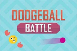 Barevná ilustrace s nápisem Dodgeball Battle, usměvavým smajlíkem, růžovofialovým míčem a dvěma červenými rukavicemi na modrém geometrickém pozadí