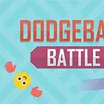 Barevná ilustrace s nápisem Dodgeball Battle, usměvavým smajlíkem, růžovofialovým míčem a dvěma červenými rukavicemi na modrém geometrickém pozadí