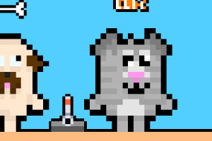8bit kočka a muž s knírem vedle páky na modrém pozadí