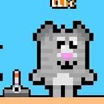8bit kočka a muž s knírem vedle páky na modrém pozadí