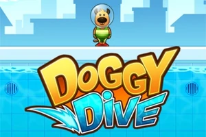 Postavička psa ve skafandru stojící na okraji bazénu s nápisem Doggy Dive