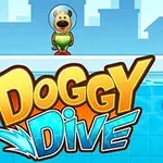 Postavička psa ve skafandru stojící na okraji bazénu s nápisem Doggy Dive