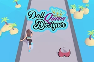 Žena běží po silnici mezi palmami na ostrovech s logem Doll Queen Designer nahoře