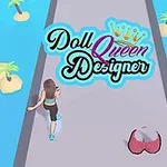 Žena běží po silnici mezi palmami na ostrovech s logem Doll Queen Designer nahoře