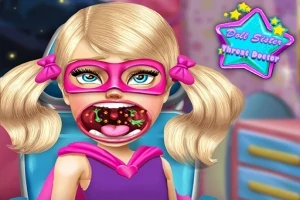 Dívka s blond vlasy a růžovou maskou na obličeji sedí v lékařském křesle s otevřenými ústy