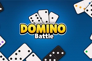 Název Domino Battle na modrém pozadí obklopený různobarevnými domino kostkami