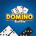 Název Domino Battle na modrém pozadí obklopený různobarevnými domino kostkami