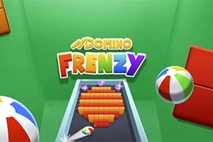 Barevný nápis Domino Frenzy nad herní plochou s oranžovými dominovými kostkami a plážovými míči na zeleném pozadí