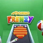 Barevný nápis Domino Frenzy nad herní plochou s oranžovými dominovými kostkami a plážovými míči na zeleném pozadí