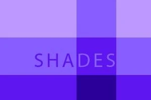 Fialové čtverce a obdélníky různých odstínů se slovem SHADES uprostřed