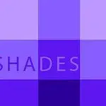 Fialové čtverce a obdélníky různých odstínů se slovem SHADES uprostřed