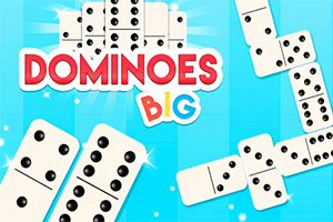 Barevný grafický obrázek s nápisem DOMINOES BIG na modrém pozadí s několika dominovými kostkami a světelnými efekty