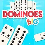 Barevný grafický obrázek s nápisem DOMINOES BIG na modrém pozadí s několika dominovými kostkami a světelnými efekty