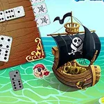 Pirátská loď s vlajkou lebky a zkřížených kostí na vodě vedle herního plánu s dominovými kostkami