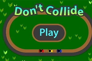 Don't Collide Závodní dráha se třemi autíčky a tlačítkem Play uprostřed na zeleném pozadí s nápisem nahoře