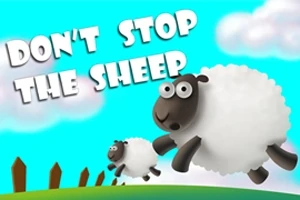 Dvě kreslené ovce skákající na zelené louce s bílými mraky na modré obloze a textem DONT STOP THE SHEEP