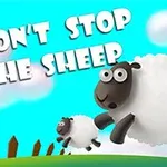 Dvě kreslené ovce skákající na zelené louce s bílými mraky na modré obloze a textem DONT STOP THE SHEEP