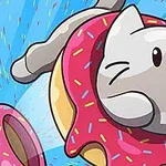 Kreslená kočka procházející růžovým donutem s barevným posypem na modrém pozadí