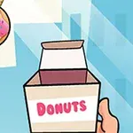 Ruka držící otevřenou krabici s nápisem Donuts a růžový donut visící na provázku na modrém pozadí s obrysy budov