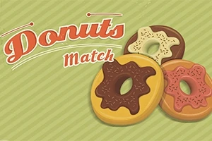 Nápis Donuts Match na pruhovaném pozadí se třemi různobarevnými donuty