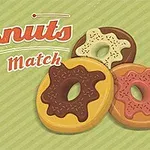 Nápis Donuts Match na pruhovaném pozadí se třemi různobarevnými donuty