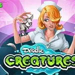 Žena v bílé uniformě drží v jedné ruce laboratorní zkumavku a v druhé malé zvíře, na pozadí růžové a modré grafické prvky