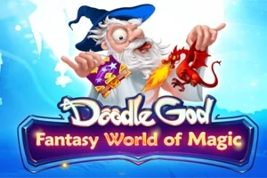 Kreslený čaroděj s bílými vousy a modrým kloboukem drží červeného draka a knihu, pozadí je modré s nápisem Fantasy World of Magic