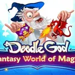 Kreslený čaroděj s bílými vousy a modrým kloboukem drží červeného draka a knihu, pozadí je modré s nápisem Fantasy World of Magic