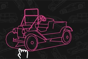 Růžová silueta starobylého automobilu s volantem na černém pozadí a bílou rukou ukazující dolů