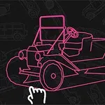 Růžová silueta starobylého automobilu s volantem na černém pozadí a bílou rukou ukazující dolů
