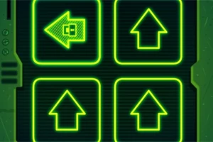 Zelené neonové šipky směřující nahoru a doleva na černém pozadí s elektronickými prvky