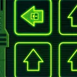 Zelené neonové šipky směřující nahoru a doleva na černém pozadí s elektronickými prvky
