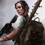 Žena s tetováním na paži drží pušku a má batoh s připevněnou baseballovou pálkou, v pozadí jsou vidět plameny a kouř
