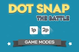 Nápis Dot Snap The Battle na modrém pozadí s možnostmi 1p, 2p a bannerem s textem Game Modes