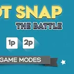 Nápis Dot Snap The Battle na modrém pozadí s možnostmi 1p, 2p a bannerem s textem Game Modes
