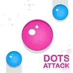 Růžový a modrý kuličky s nápisem DOTS ATTACK na bílém pozadí