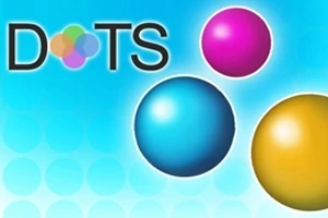 Návrh s názvem DOTS a třemi barevnými koulemi na modrém pozadí