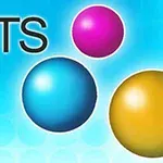 Návrh s názvem DOTS a třemi barevnými koulemi na modrém pozadí