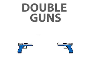 Nápis DOUBLE GUNS a dvě modré kreslené pistole pod ním