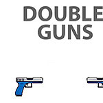 Nápis DOUBLE GUNS a dvě modré kreslené pistole pod ním